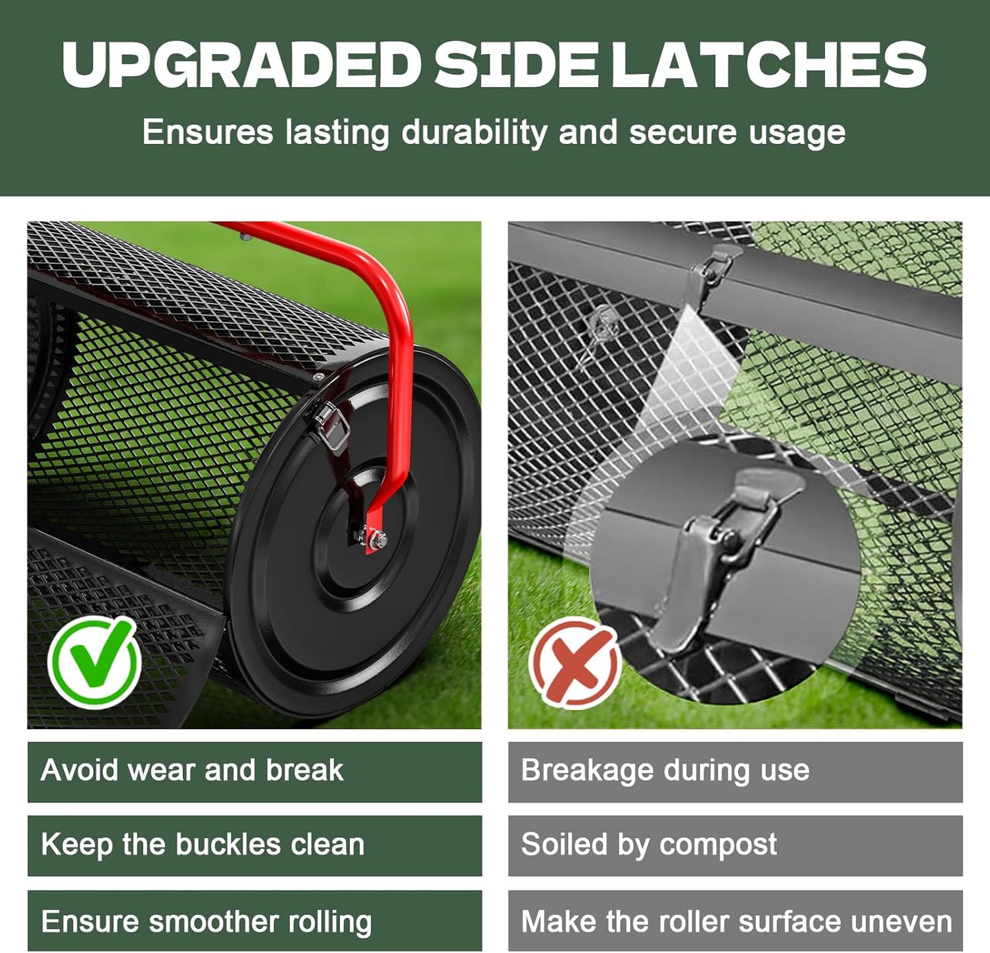 Compost Peat Moss Spreader for Lawn, 44 Inch Compost Roller Spreader with Adjustable T-Shaped Handle, Upgraded Side Clasps, Durable Lightweight Metal Roller, Lawn Garden Yard Care