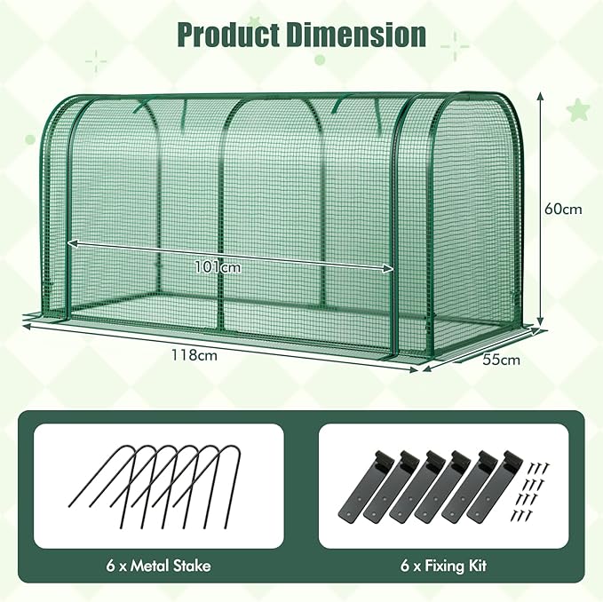 Happygrill Portable Mini Greenhouse, 47" x 22" x 24" Green House w/ Roll-up Zipper Door, Metal Frame, Waterproof Sun-Protective PE Cover, Small Greenhouses for Raised Garden Bed, Outdoor (Green)
