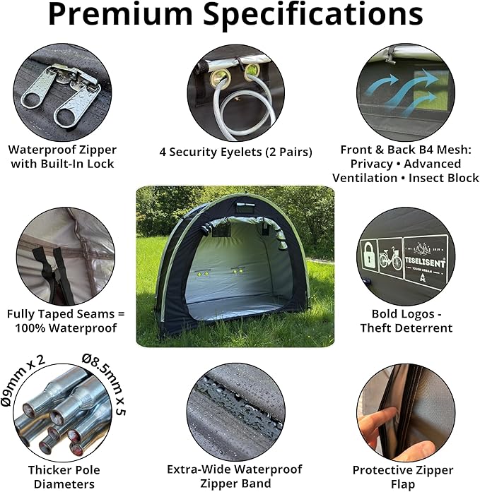 Anti-Theft Outdoor Storage Shed | Triple-Security Tent: Rugged Zipper Lock, Rear Security Anchoring, Privacy Mesh Cover | Protecting Valuable Gear & Bikes | Portable Weatherproof | Fits 2 e-Bikes