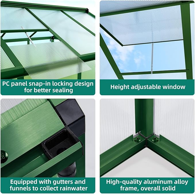 6x10 FT Greenhouse for Outdoors, Large Aluminum Greenhouses with Roof Vent and Quick Setup Structure, Greenhouse Heavy Duty with PC Panels, Walk-in Green Houses for Winter Garden,Backyard,Patio,Lawn