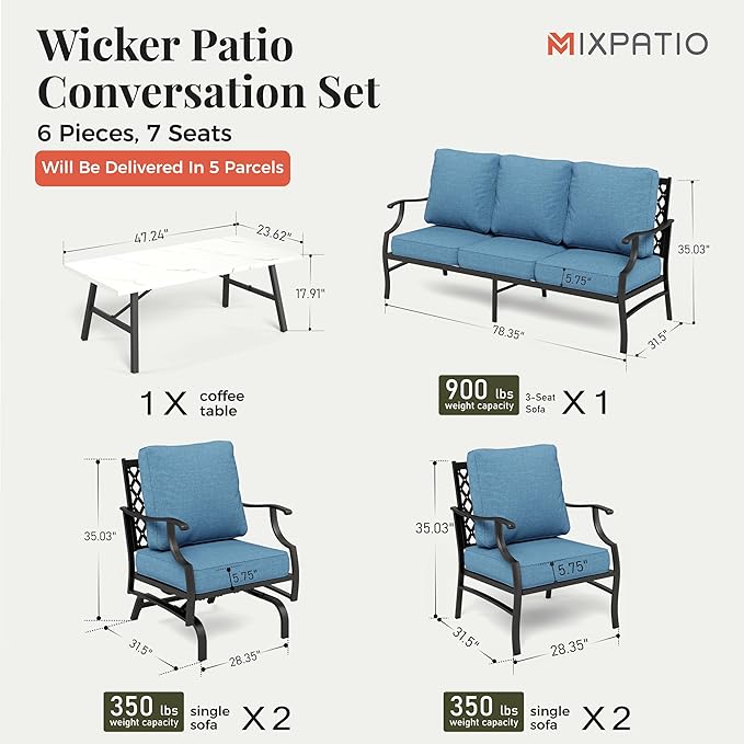 Patio Furniture Set 6 pcs, Outdoor Patio Furniture, 1 X 3-Seat Sofa, 2 X Single Chairs, 2 X Rocker Chairs, 1 X Coffee Table and 5.75" Extra Thick Cushion, Patio Conversation Set,Navy Blue