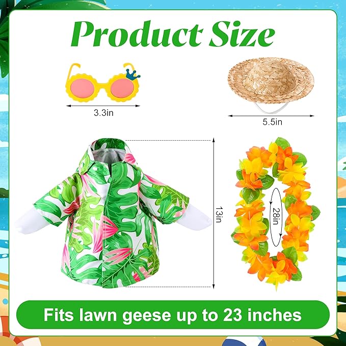 DECOHS 4 Pcs/Set Hawaiian Porch Goose Outfits, Summer Lawn Goose Costume, Yard Goose Clothes Hawaiian Wreath with Straw Hat Glasses for 23" Statue Patio Garden Decoration
