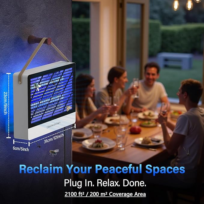 GeckoMan LED Indoor Bug Zapper Indoor Fruit Fly Trap for Indoors Mosquito Zapper Fly Zapper, Energy-Saving Max-Attract Hybrid-Spectrum Tube • 10-Yr Life, Enhanced High-Volt Instant Kill