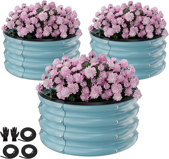 Round Galvanized Raised Garden Bed Kit, 3 Pcs 2 x 2 x 1ft Teal Blue Galvanized Garden Boxes, Outdoor for Vegetables