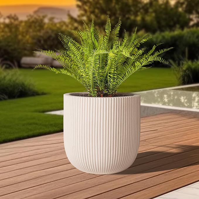 16 Inch Handmade Concrete Outdoor Planter - Classic Striped Design | Fiberglass & Composite Material | Durable for Commercial & Home Decor