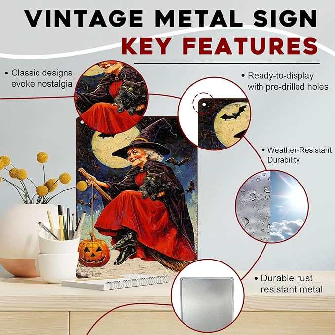 Witch Flying Broom Vintage Sign Halloween Cat Metal Tin Sign Full Moon Bat Pumpkin Poster 12x16inch