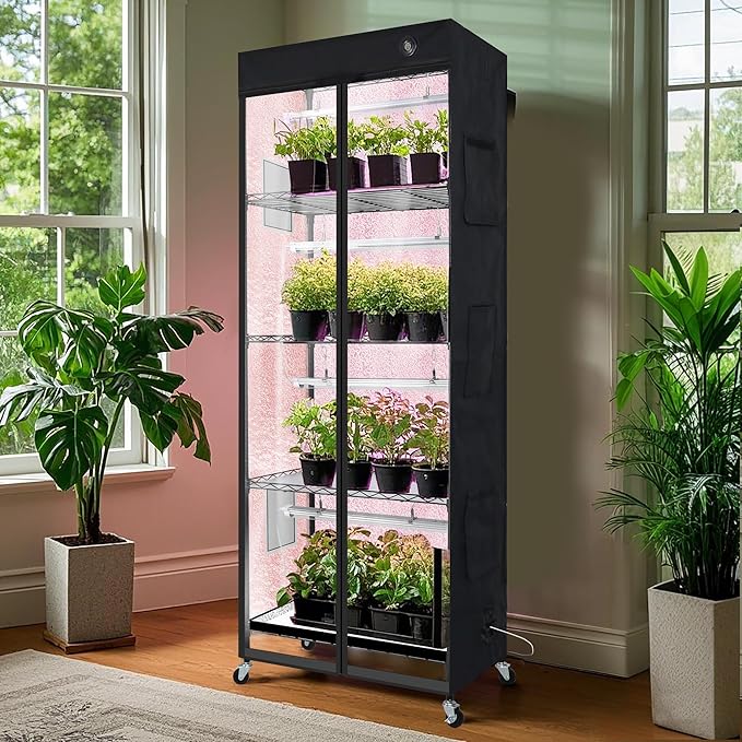 WORTH Mini Greenhouse with LED Grow Lights & Digital Thermo-Hygrometer – Portable Indoor Plant Grow Tent with Oxford Fabric Cover, Adjustable Shelves, Casters & Ventilation Flaps for Seed Starting