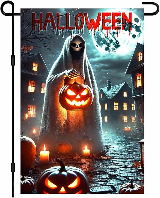 IVN Spooky Halloween Ghost Garden Flag 12x18 Inch Double Sided Frightful Character Outdoor Yard Decor Patio Accent with Pumpkin Lantern Design for Festive Lawn Ornament and Home Decor