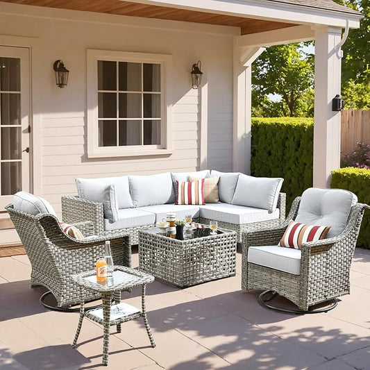 HOOOWOOO Outdoor Patio Furniture Set,8 Pieces Wicker Out Door Sectional Furniture L Shaped Couch,Patio Conversation Sets with Swivel Rocking Chair LED Table,Light Gray