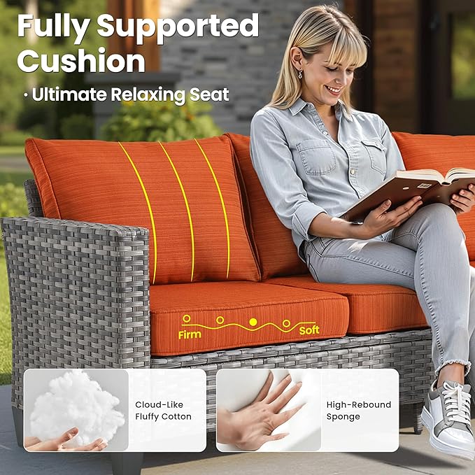 ovios Patio Furniture Set, 7 Pieces Outdoor Wicker Sofa Couch with 4 Chairs, Ottomans and Comfy Cushions, All Weather High Back Rattan Conversation Set, Orange Red