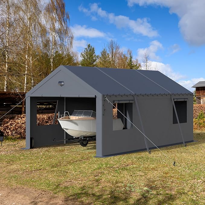 12x20 Carport Canopy, Heavy Duty Car Port, Portable Car Ports Garage with 2 Roll-Up Zipper Drive Through Doors, Grey