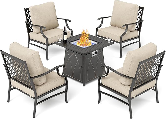 Patio Furniture Set with Firepit Table, 5 Piece Metal Outdoor Patio Furniture set for 4, 4 Single Chairs with 5.75" Extra Thick Cushion and Gas Firepit Table for Backyard Poolside Deck