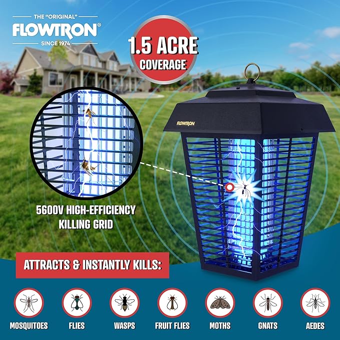 Flowtron Bug Zapper, 1-1/2 Acre of Outdoor Coverage with Powerful 80W Bulb & 5600V Instant Killing Grid, Electric Insect, Fly & Mosquito Zapper, Made in The USA