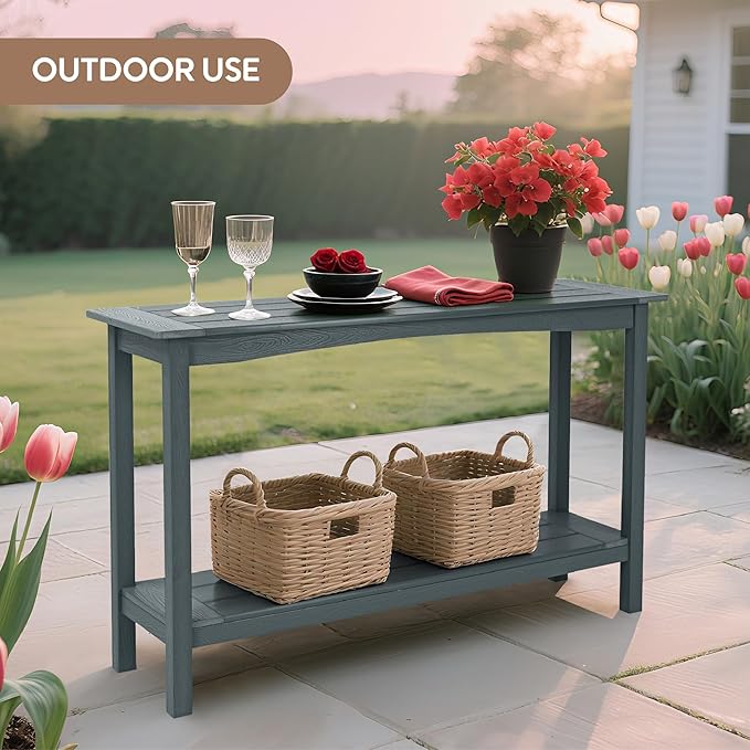 Weatherproof HIPS Outdoor Console Table, 48'' 2-Shelf SideTable Indoor/Outdoor Use, Multifunctional Buffet Table Bar Storage Organizer for Entryway,Yard, Patio, Outside Plant Stand Table, Grey