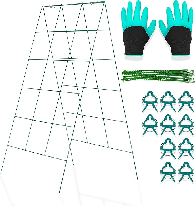 Cucumber Trellis - A Frame Trellis for Raised Bed Climbing Plants, Vegetables. Includes Plant Support Clips, Gardening Gloves, Cable Ties - Made from Galvanized Steel - Weather-Resistant