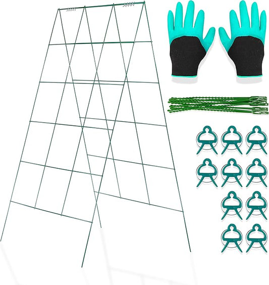 Cucumber Trellis - A Frame Trellis for Raised Bed Climbing Plants, Vegetables. Includes Plant Support Clips, Gardening Gloves, Cable Ties - Made from Galvanized Steel - Weather-Resistant