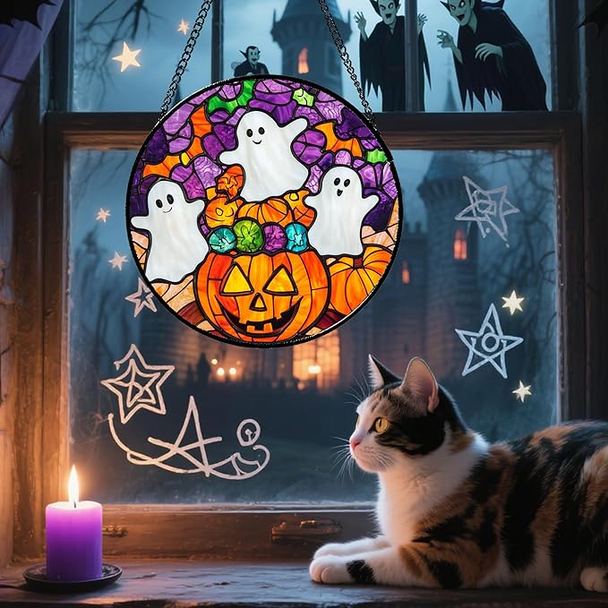 Stained Glass Window Hanging Halloween Horror Pumpkin White Ghost 7.8" - Suncatcher Door Garden Sunroom Gothic Style Sun Catcher Birthday for Friend Mom Men Woman Nana