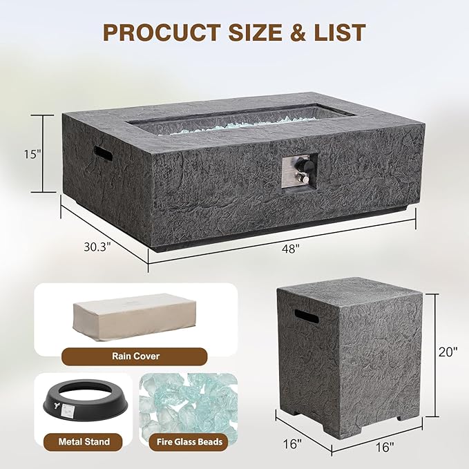 2-Piece Outdoor Propane Fire Pit Table Set – Premium Slate-Like MgO Finish, 48-Inch Gas Fire Table with Tank Table for Patio, Garden & Backyard, Includes Rain Cover & Glass Beads