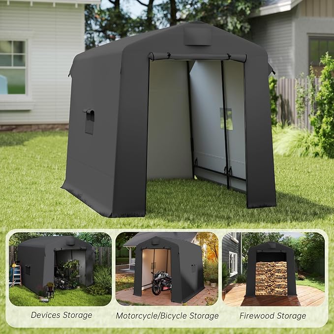 6x8 ft Outdoor Storage Shelter Shed with Roll-Up Zipper Doors & Mesh Windows, Portable Waterproof Storage Tent for Motorcycle, Bike, Firewood, Lawn Mowers, Garden Tools (Black)