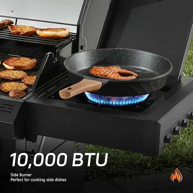 MBY 4-Burner Propane Gas Grill, 50,000 BTU Heavy Duty Outdoor BBQ Grill with Side Burner, Cast Iron Cooking Grates & Griddle for Backyard Barbecue