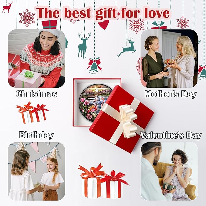 Stained Glass Window Hanging - Flamingo Wildflowers Landscape Suncatcher for Door Terrace Garden Home Decor Sunset Lake Sun Catcher Birthday Gifts for Lovers Women Men Dad Mom Nana 7.8 in