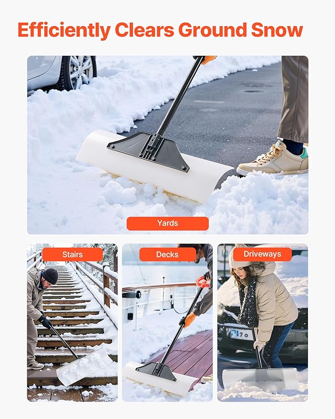 VEVOR Snow Pusher, 30 inch Wide Push Snow Shovel Plow for Driveway, Sidewalks and Doorways with Segmented Handle, Ergonomic Grip and HDPE Plastic Blade