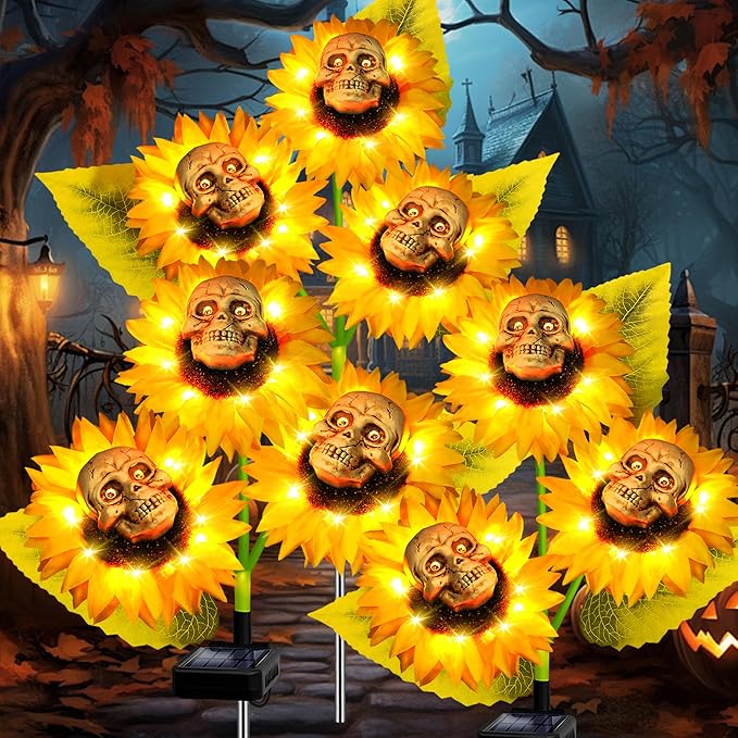 Halloween Decorations Outdoor, 2 Pack Solar Scary Skull Sunflowers Lights,Waterproof Solar Flowers Lights Garden Decor for Halloween Yard Patio Lawn Party Decor
