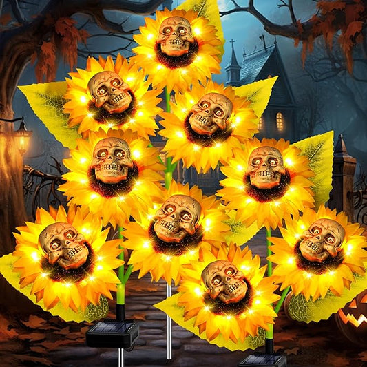 Halloween Decorations Outdoor, 4 Pack Solar Scary Skull Sunflowers Lights,Waterproof Solar Flowers Lights Garden Decor for Halloween Yard Patio Lawn Party Decor