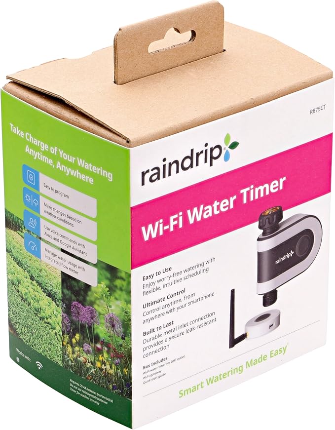 Raindrip R875CT Hose-End Smart Water Sprinkler Timer, Wi-Fi, Wireless Hose Faucet Bibb Timer for Garden, Drip Irrigation System Controller, Free App via 2.4 GHz Gateway Combo,GHT Compatible, Gray