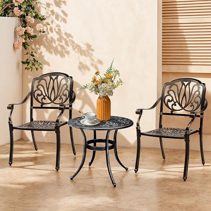 Outvita Patio Side Table, 23.6in Outdoor Round Cast Aluminum Bistro Table with Umbrella Hole and Antique Design for Backyard Porch Pool Balcony Deck Black