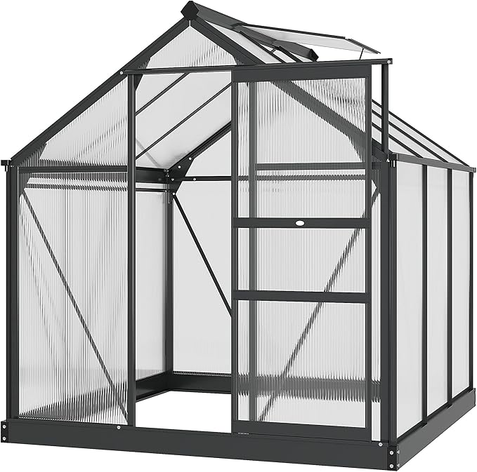 Outsunny 6' x 6' Greenhouse for Outdoors, Polycarbonate Greenhouse with Rain Gutter and Roof Vent, Aluminum Walk-in Green Houses for Outside for Patio Backyard Garden, Gray