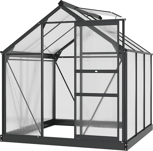 Outsunny 6' x 6' Greenhouse for Outdoors, Polycarbonate Greenhouse with Rain Gutter and Roof Vent, Aluminum Walk-in Green Houses for Outside for Patio Backyard Garden, Gray