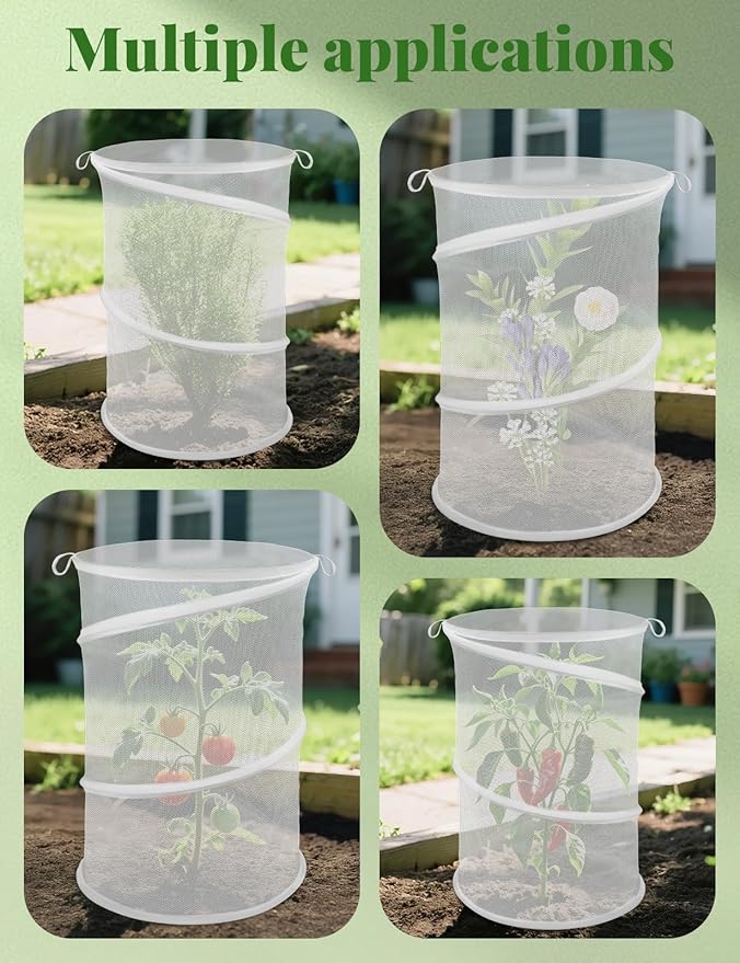 4 Pack Pop Up Plant Covers from Animals, 20" H X 13" D Insect Garden Covers, Round Foldable Mesh Plant Cover, Plant Protectors for Outdoor Plants, with Stakes and Labels (White)