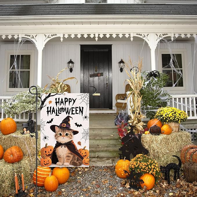 Happy Halloween Small Garden Flag, 12x18 Inch Pumpkin Cat Halloween Party Supplies, Outdoor Linen Double-Sided Yard Funny Flags Decoration