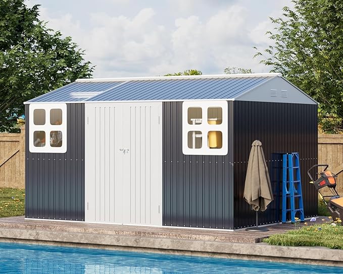 12x10 FT Metal Shed Heavy-Duty with Floor Kit, Outdoor Storage Garden Sheds with Reinforced Steel Frame & Customizable Skylight, Weatherproof Galvanized Tool Tiny House for Backyard, Patio, and Lawn