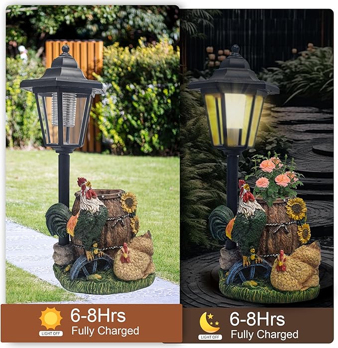 Rooster Statues Outdoor Solar Sculptures with Solar Lights and Flowerpot Funny Garden Decor Animal Figurines Resin Outdoor Statues for Patio Yard Lawn Balcony Grandma Mom Gifts