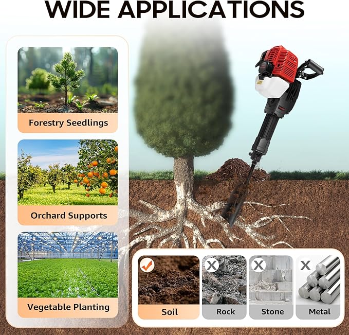 52CC Trench Digger, 2-Stroke Mini Trencher 1900W Geo Ripper 0.3gal Ditch Digger Trencher Tool Portable Tree Excavator Handheld Planting Shovel for Digging Soil Pits, Cutting Tree Roots