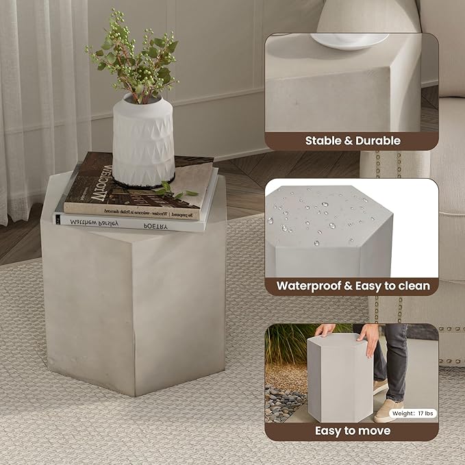 COSIEST Concrete Accent Table, Hexagon Patio Side Table 14.5''Wx12''H, Modular Design Indoor Outdoor End Table, Light Grey
