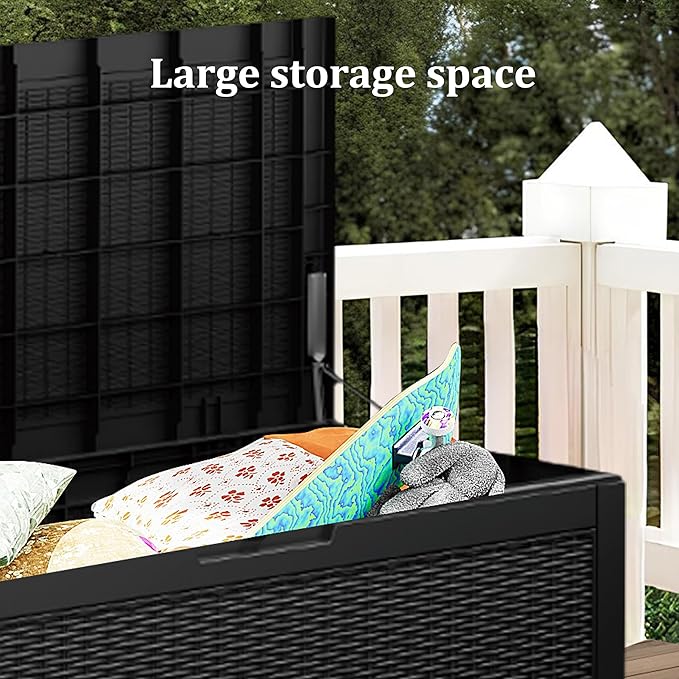 100GAL Black Wicker - Textured Outdoor Deck Box with Lock - Waterproof, SGS - Approved UV Resistance, Stylish Storage Solution for Patio Furniture and Outdoor Toys, Quick Assembly