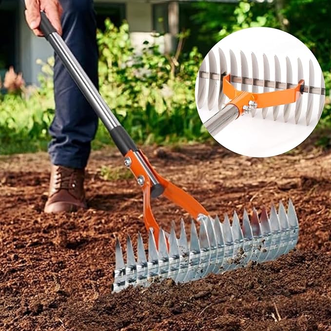 Thatch Rake, 15-Inch Steel Lawn Dethatcher with Handle, Robust Dethatcher Rake, Heavy Duty Grass Cleaning Tool for Dead Grass and Soil Loosening, Yard Garden Durable Soil RAK e