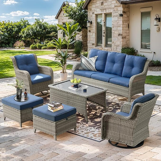 Wicker Outdoor Conversation Set-6 Pieces Outdoor Wicker High Back Couch with Swivel Rocker Chairs Patio Furniture for Deck Poolside Backyard-Light Grey/Blue