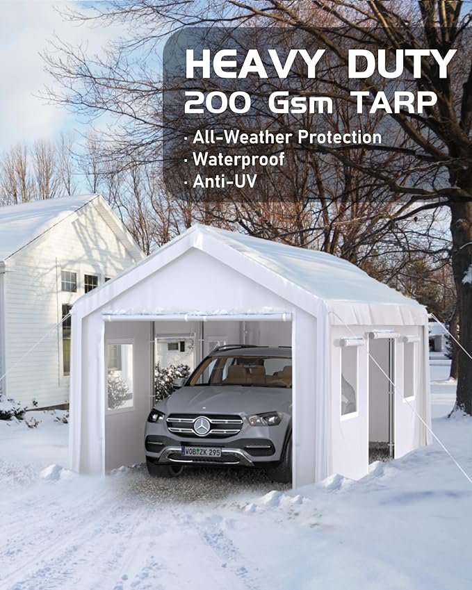 13 x 20 x11 Ft Heavy-Duty Carport, Portable Garage, 180g PE Waterproof Canopy and 8 x 1.0 mm Poles for Full-Size Pickup Trucks, Boats, and SUVs - White
