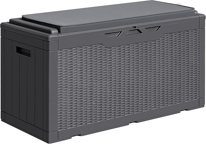 Greesum 100 Gallon Resin Deck Box Large Outdoor Storage with Cushions for Patio Furniture, Garden Tools, Pool Supplies, Weatherproof and UV Resistant, Lockable,Gray