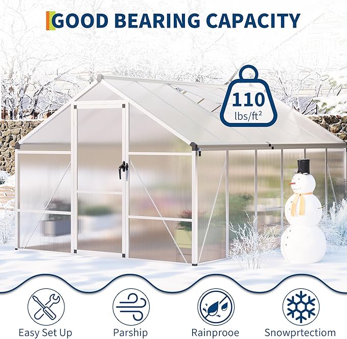 8×12 FT Greenhouse, Large Walk in Greenhouses for Outdoors and Garden Planting, Polycarbonate Greenhouse with Enhanced Aluminum Frame, Green Houses with Quick Setup Structure and Roof Vent, Silver