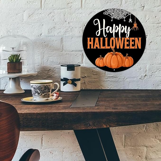PEACHGARDEN Halloween Pumpkin Metal Tin Sign Vintage Pumpkin Decor Round Welcome Retro Wall Art Gothic Plaque Spooky Home Porch Decorations 12x12inch