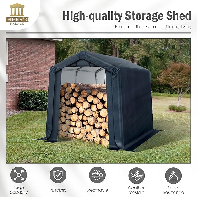 HERA'S PALACE 6x10ft Heavy Duty Storage Shed Outdoor Portable Car Canopy Carport Garage with 2 Rolled up Zipper Doors UV Resistant Waterproof Anti-Snow for Motorcycle Truck