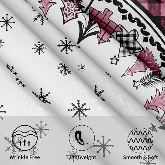 Giwawa Christmas Round Tablecloth 60 Inch,Snowflakes Pink Buffalo Plaid Xmas Pine Trees Farmhouse Washable Polyester Fabric Table Cover for Kitchen Winter Holiday Party Table Decor