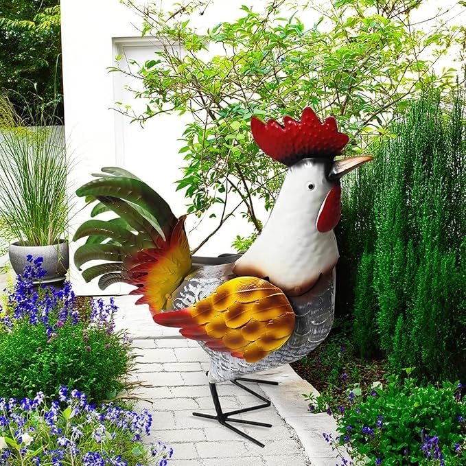 Metal Rooster Statue, Garden Outdoor Decor, Red and Gold Feathers, Weather Resistant, Metal Chicken Yard Art Sculpture, Iron Garden Animal Statue
