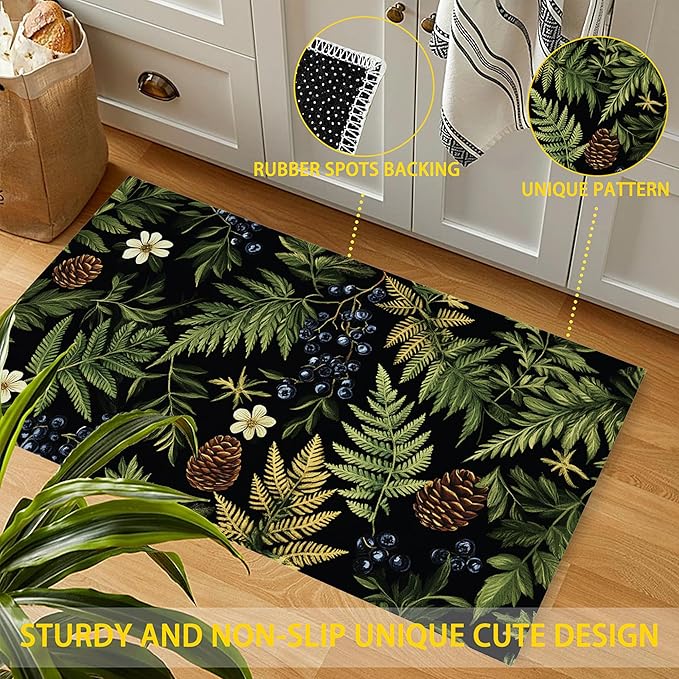 Green Herb Leaves Indoor Outdoor Rugs,Forest Berries Pine Cones Doormat Outside Entrance,Non-Slip Welcome Mat Indoor Felt Floor Mat for Back Door Patio, Porch,Home Entryway,30 x 17 Inch