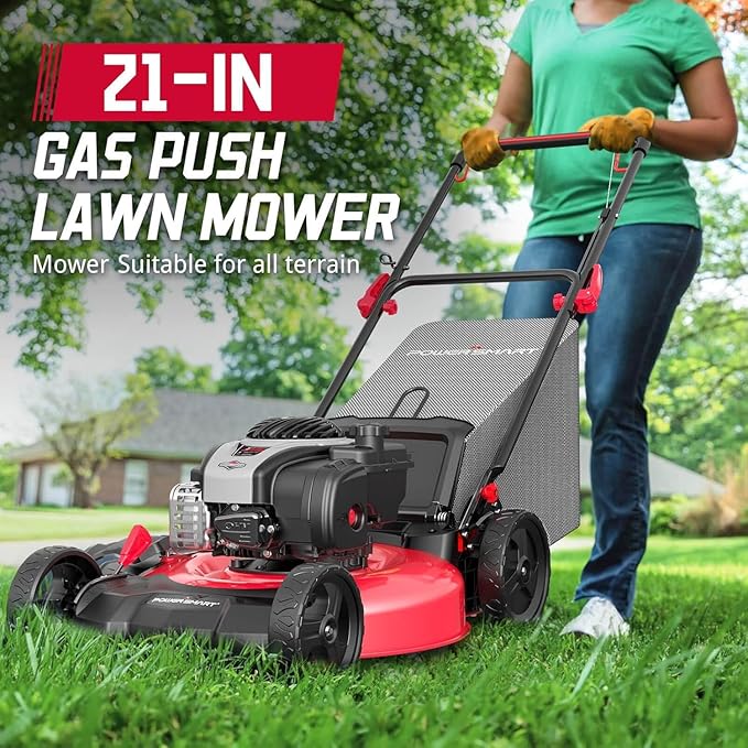 PowerSmart 21" 3-in-1 Gas Push Lawn Mower with 140cc 4-Stroke Engine - Wide Cutting Deck, 6 Height Adjustments, Mulching Capability